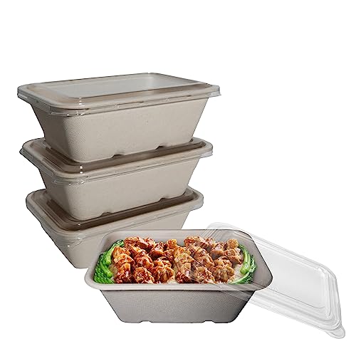 EcoQuality 34oz Disposable Bowls with Clear Lids - Rectangular Compostable Sugarcane Fiber Biodegradable Paper Bowls Eco-Friendly Take Out Food Storage Containers, Microwave Safe, Meal Prep (25 PACK)
