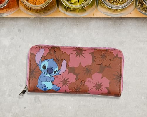 Disney Lilo And Stitch Allover Floral Stamped Design with Stitch Faux Leather Full Zip Wallet Bi-Fold4