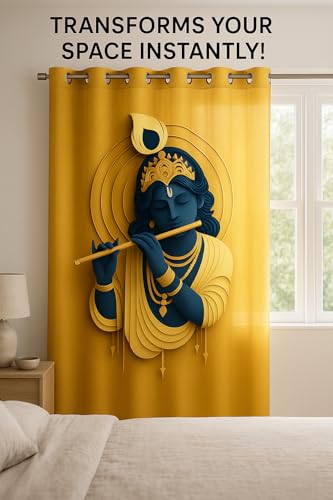 Image of Cotton Nest Home 3D Printed Krishna Bansuri Velvet Curtain | 7 Feet Door & Window Parda | Home & Decor Curtain for Pooja Room, Living Room & Bedroom | Premium Soft Velvet Curtains(Pack of 2)
