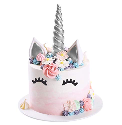 Opret Einhorn Kuchen Topper, 5 Stück Handarbeit Geburtsta Kuchen Aufsätze Wiederverwendbare Einhornhörner Ohren und Wimpern, Einhorn Dekoration für Geburtstag/Hochzeit Party（Silber）
