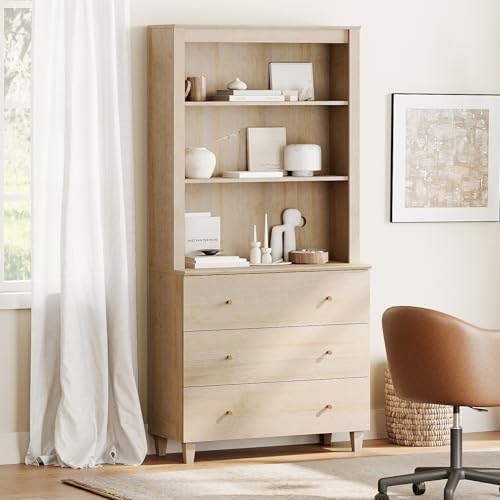 Image of WAMPAT 71 inch Tall Bookcase with 3 Drawers & Open Shelves, Modern 3-Tier Bookshelf with Adjustable Shelf, Floor Standing Wooden Display Book Shelf for Home Office, Living Room, Bedroom, Light Oak