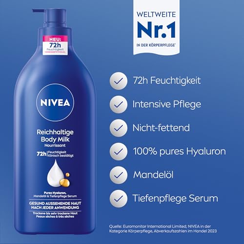 NIVEA Reichhaltige Body Milk, intensiv pflegende Körpercreme mit purem Hyaluron, Mandelöl und Tiefenpflege Serum, Lotion für trockene Haut (625 ml) – Bild 3