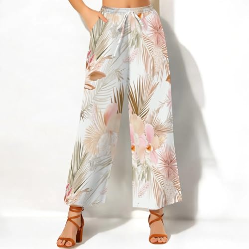 Womens Floral Print Casual Wide Leg Pants High Waisted Drawstring Beach Trousers with Pocket3
