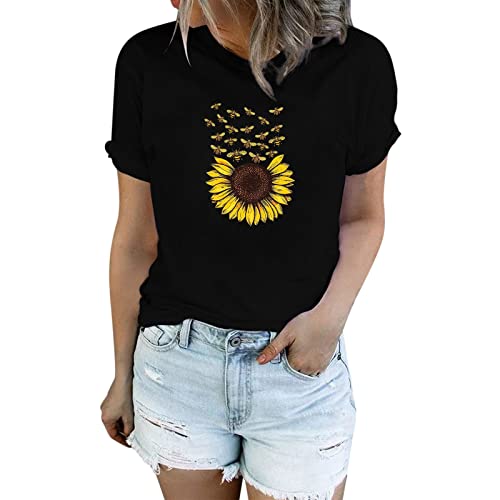 Clacce Camisas de girasol para mujer, lindas camisetas gráficas de diente de león, camiseta de verano para mujer, camiseta de manga corta, cuello redondo, camisas vintage, marrón, XXL