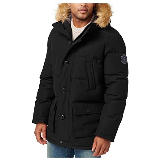 Tommy Hilfiger mens Arctic Cloth Full Length Quilted Snorkel Jacket Down Alternative Outerwear Coat, Black, Small US