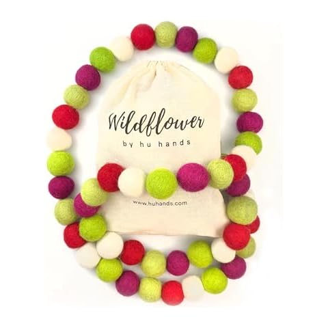 Wildflower by hu hands Christmas Wool Felt Ball Garland in Colors of Green, Red and White | Handmade Pompom Garland for Tree, Mantle, Banner and Decor | 8' Long, 50 Felt Pom Balls | Muslin Bag Cover