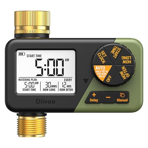 Diivoo IP66 Bewässerungscomputer, Messing-EIN-/Ausgänge, Großes LCD-Display, Bewässerungsuhr mit Regenverzögerung, Automatische & Manuelle Bewässerung, Programmierbarer Zeitschalter für Garten, Rasen