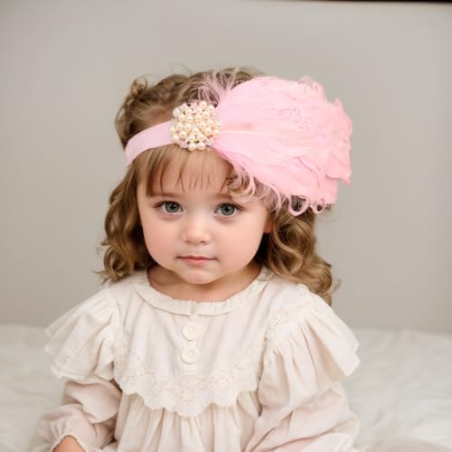Stretchy Baby Girls Feather Headband Pearl Beads Fabric Flower Elastic Toddler HairBands Birthday Party Princess Hair Accessoties for Newborn Infant (Pink B, Standard Small)3