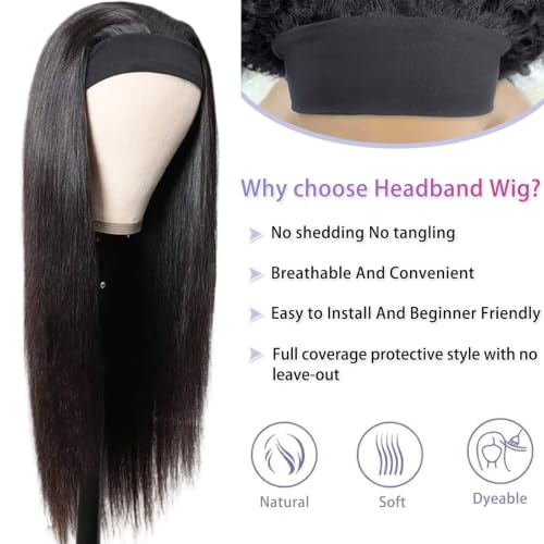 Image of Aiterina Straight Headband Wig Human Hair Wigs Brazilian Virgin Hair Machine Made Headband Wig Non Lace Front Human Hair Wigs 150% Density Headband Wig for Women Natural Color 14 Inch