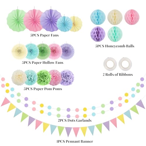 Image of 24Pcs Birthday Pastel Party Decorations for Girl with Paper Fans Pom Poms
