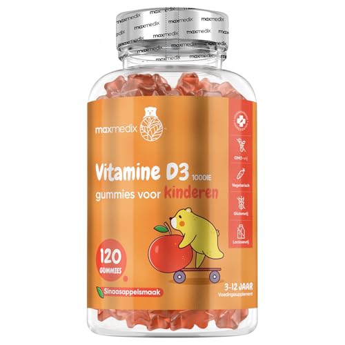 Vitamine D3 gummies voor Kinderen - 1000 IE - Van 3 tot 12 jaar - 120 gummies voor 8 maanden voorraad - Met sinaasappelsmaak - Vegetarische gummies en vrij van onnodige toevoegingen - van maxmedix