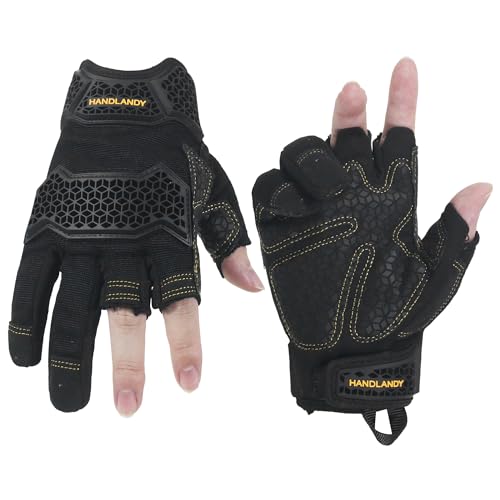 HANDLANDY HLDD Work Gloves Men - 3 Fingerless Work Gloves for Driving Cycling Hunting Motorcycle Climbing Outdoor Work