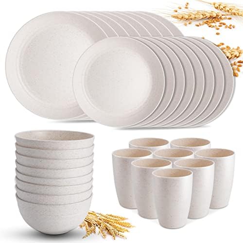 HANMFEI Wheat Straw Dinnerware Sets for 8 (32pcs), Plastic Plates and Bowls Sets