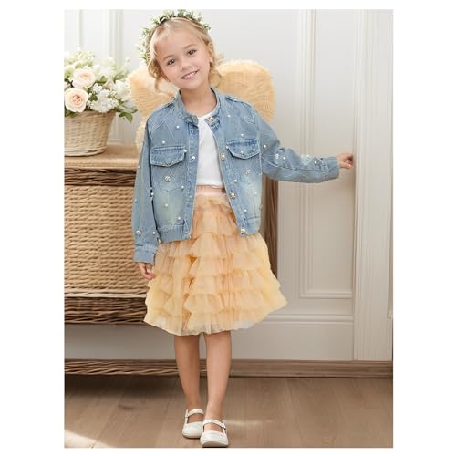 Little Girls Denim Jacket with Pearls Snap Button Down Jean Top Long Sleeve Denim Coat Outwear3
