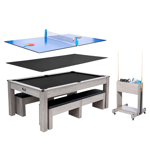7FT 3-in-1 Pool Table with Dining Top & Table Tennis | Billiard Table Set with Accessories (Balls, Cues, Ping Pong) | HDF Wood Grain Finish | Includes Rolling Storage Caddy