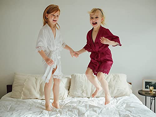 Aw Bridal Girls' Lace Trim Kimono Robe Silk Satin Robes Bathrobe Sleepwear Wedding Party Gifts Getting Ready Robes, Burgundy M #TOP1