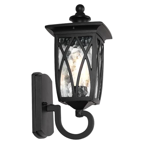 Image of JYZ 16 inch Outdoor Wall Light Fixture, Classic Exterior Waterproof Wall Lantern, Matte Black Anti-Rust Sconce with Water Ripple Glass Shade, E26 Base Outside Porch Lights for Patio Garage Door
