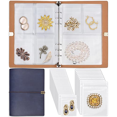 ChezMax Jewelry Organizer, Jewelry Storage Book with Pockets, Foldable Earrings Travel Album, PU Leather Accessories Holder Booklet for Necklace Rings (64 Grids+64 Anti-Oxidation PVC Bags) Blue