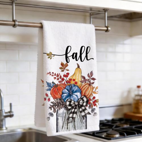 Image of Hello Fall Pumpkin Kitchen Towels, Autumn Leaves Harvest Dish Towels Set of 2, Rustic Thanksgiving Holiday 18 x 26 Inch Hand Towel Quick Drying Dishcloth Decor for Kitchen Bathroom Home
