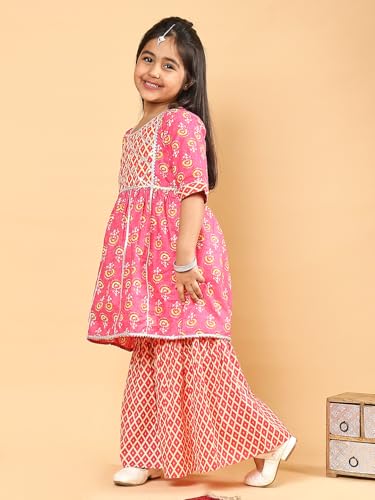 Image of superminis Baby Girl's Cotton Sanganeri /Floral Printed Frock Style Kurti With Printed Sharara Dress Clothing Set