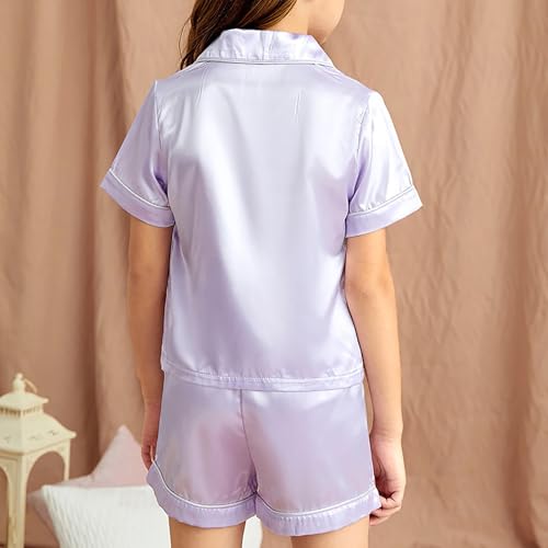 Girls Boys Satin Pa𝗷amas Set 2p𝗝 S𝗶𝗹k N𝐢ghtwear Button Slee𝗽wear Short Summer P𝗝s for Kids Solid Loun𝗴e Clothes4