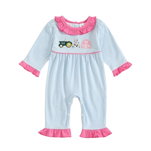 Newborn Baby Girl Fall Outfit Farm Clothes Tractor Cow Embroidery Ruffle Long Sleeve Romper One Piece Jumpsuit