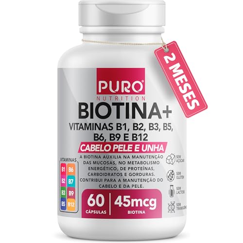 Biotina + Puro Nutrition Pele, Cabelo e Unhas, 45 mcg de Biotina por dose, Vitaminas B1, B2, B3, B5, B6, B9 e B12, 60 Cápsulas