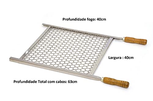 Grelha Churrasco Tradicional Furo Moeda em Inox 40x40 e cabo de madeira
