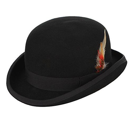 Eozy Mens 100% Wool Black Derby Hat With Removable Feather Satin Lined Roll Brim Bowler Hat #TOP1