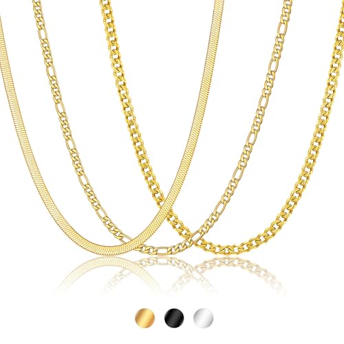 3 Pcs Chain for Men Necklace for Boys 316L Stainless Steel Cuban Link/Figaro/Herringbone Chains Set Jewelry Gifts for Men Women Boys Black/Gold/Silver 16/18/20/22/24 Inches