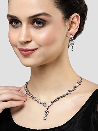 Image of Karatcart Elegant Silver Plated Blue American Diamond Necklace Set for Women
