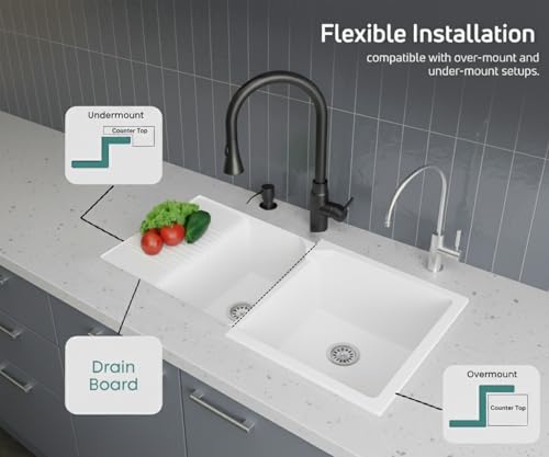 Image of ARQUIN Double Bowl Quartz With Drainboard Kitchen Sink 45x20x9 Inch | Undermount,Topmount | Including Coupling,Sink Connector,Waste Pipe & Fruit Washing Basket