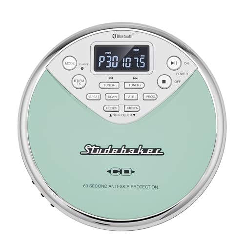 Studebaker SB3706 Personal Bluetooth MP3 CD Player w/Digital FM Radio, FM Transmitter and Built-in Rechargeable Battery (Mint & White)