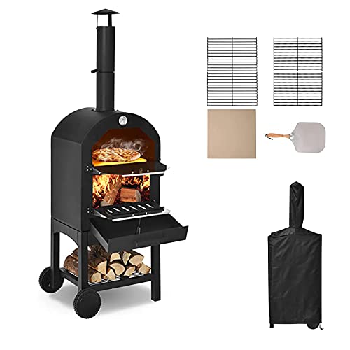 Horno de pizza para exteriores, horno de pizza de leña para exteriores, horno de acero independiente con 2 ruedas, ideal para barbacoa, camping, fiesta en el patio trasero