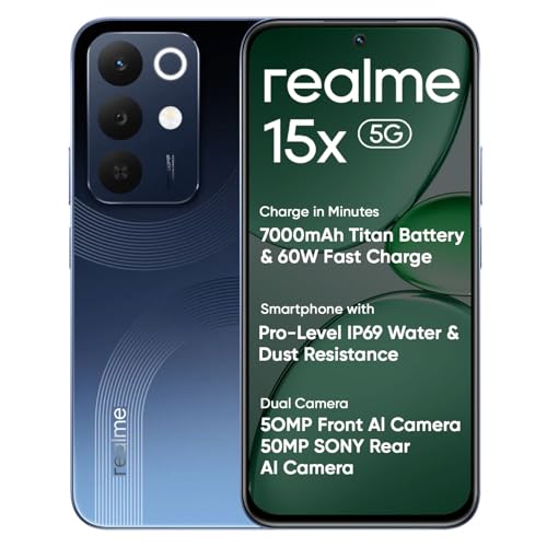 Image of realme 15X 5G Smartphone Marine Blue 8+128GB, 6.8-inch Screen, 144Hz Display,7000mAh Battery, 60W Fast Charging, 50+50MP AI Camera,Dimensity 6300 6nm Octa-core chipset Processor, IP69