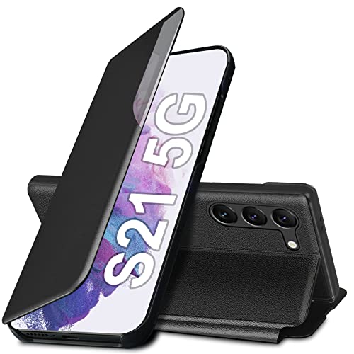 Galaxy S21 Flip Case for Samsung Galaxy S21 5G Case, Clear View Slim Fit Leather Cover for Samsung S21 Phone Case with Kickstand Rugged Heavy Duty Shockproof Bumper Shell (6.2 Inches, 2024) (Black)