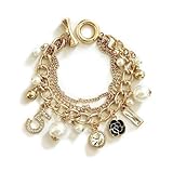 7.2in-Number gold charm bracelet - designer inspired fashion jewelry for women with pearl flower stack - chunky accessories