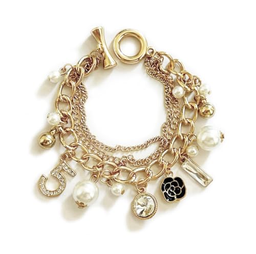 7.2in-Number gold charm bracelet - designer inspired fashion jewelry for women with pearl flower stack