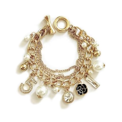 7.2in-Number gold charm bracelet - designer inspired fashion jewelry for women with pearl flower stack