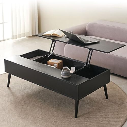 Mesa de centro, diseño superior elevable ajustable, forma rectangular moderna con patas de metal, acabado brillante