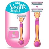 GILLETTE Venus Simply3, Rastrillo para Mujer, 1 Mango + 2 Cartuchos para Rastrillo Venus con Aloe, 3 Hojas para Depilar al...