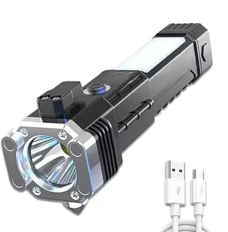 Feriiwala Portable 3w Rechargeable Torch LED Flashlight Long Distance Beam Range, Hammer and Strong Magnets, Window Glass and Seat Belt Cutter 4 Modes for Car Camping Hiking Indoor Outdoor-image-29