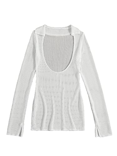 Shein Women's Crochet Hollow Out Cover Up Dress Long Sleeve Swimsuit Split Collar Beach Coverups White Small #TOP4