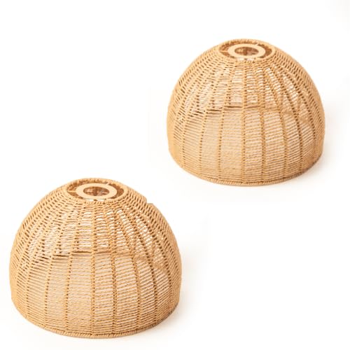 Handwoven Dome Pendant Lampshade Natural Rattan-Style Ceiling Light Shade in Tight Weave Design Boho, Coastal & Minimalist Home Decor (H 23cm x W 29cm) Pack of 2