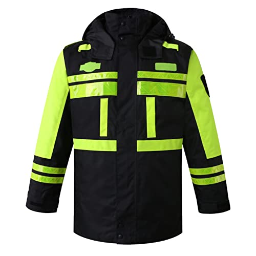 QIULAO Veste d'hiver réfléchissante haute visibilité, vêtements de sécurité au travail imperméables for hommes, avec capuche, doublure amovible, chaleur en laine soie, blouson aviateur réfléchissan M