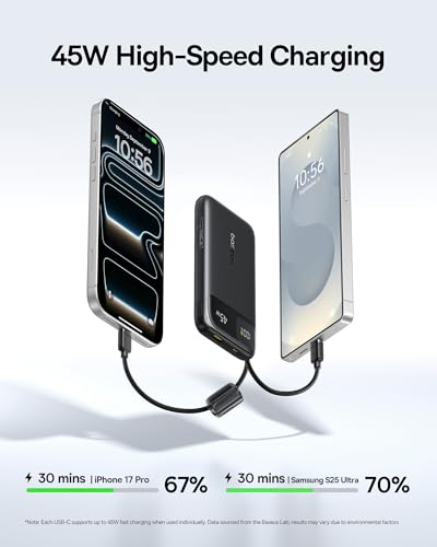 Image of Baseus 45W Ultra Slim 10000mAh Power Bank Built-in USB-C Cables, CCC Certified Portable Charger, Travel Essential Fast Charging Pocket Size Phone Battery Pack for iPhone 17 16 Samsung S25 S24 iPad