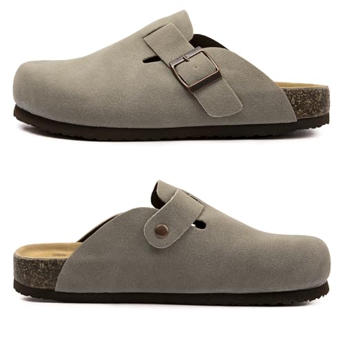 Image of Women Suede Clogs Casual Slip On Potato Mule Slippers | Soft Suede Upper, Arch-Support Cork Insole, Adjustable Buckle, Anti-Slip Sole