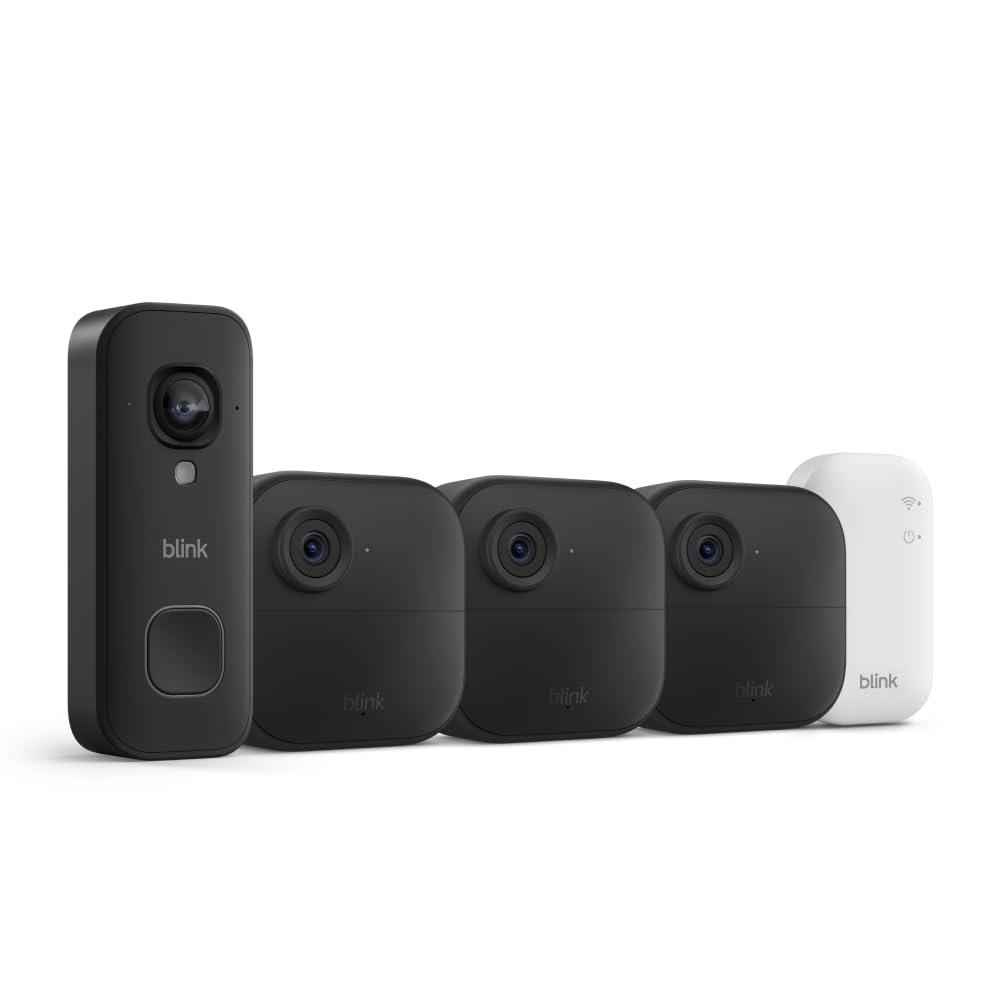 Blink Outdoor 4 and Wired Doorbell 2K+ (newest model) — Two-year battery 1080p cameras and 2K hardwired doorbell. Sync Module Core included — 3 Cameras + Doorbell (Black)