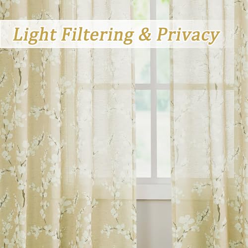 Image of FMFUNCTEX Linen Sheer Blossom Floral Print Curtains Cream 96 Inch 2 Panels