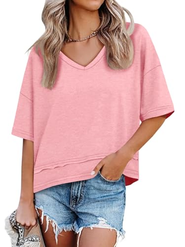 Image of UNCLECAT Womens V Neck T Shirts Summer Trendy Loose Fit Casual Tops Tees | Short sleeve, Spliced hem, Flowy graphic tees,Solid color cute basic t-shirts